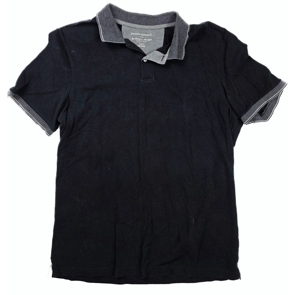 Banana Republic Black Gray Ribbed Trim 1/4 Button S/Sleeve Polo Men's Size Large